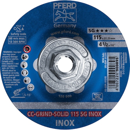 Pferd 61235 4-1/2in CC-GRIND-SOLID 5/8-11 Thread SG for STAINLESS / INOX 61235-PFERD